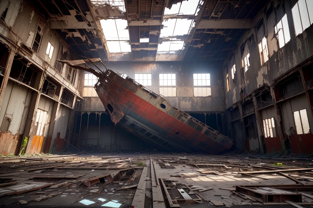 Arafad ship in a large warehouse with many windows, portrait of a Shipwreck, 廢abandoned的, an abandoned old, 廢abandoned的 space ship, urbanization photography, abandoned, rot, by Sebastian Spren, Shipwreck, shipyard, an abandoned, abandoned night hangar, rust, author:Matthias Wescher, urbanization, abandoned spaces , (low angle shot 1.8) ( Camera shot close to the ground 1.8 )