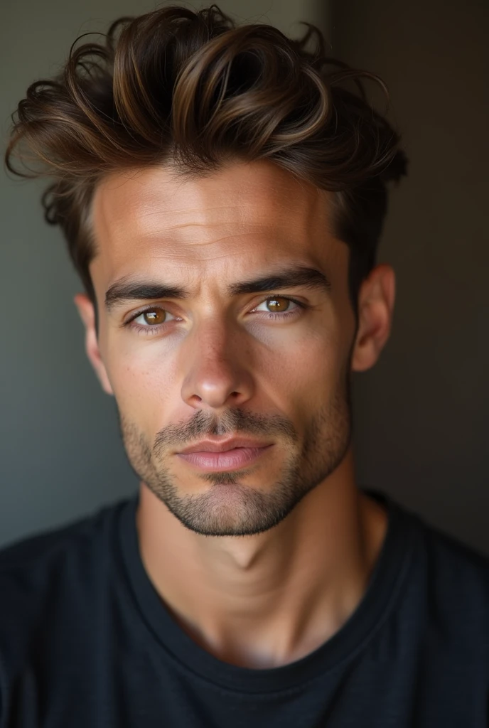man of'une vingtaine d'years with short brown hair combed upwards, un visage ovale et des yeux marron et une barbe claire