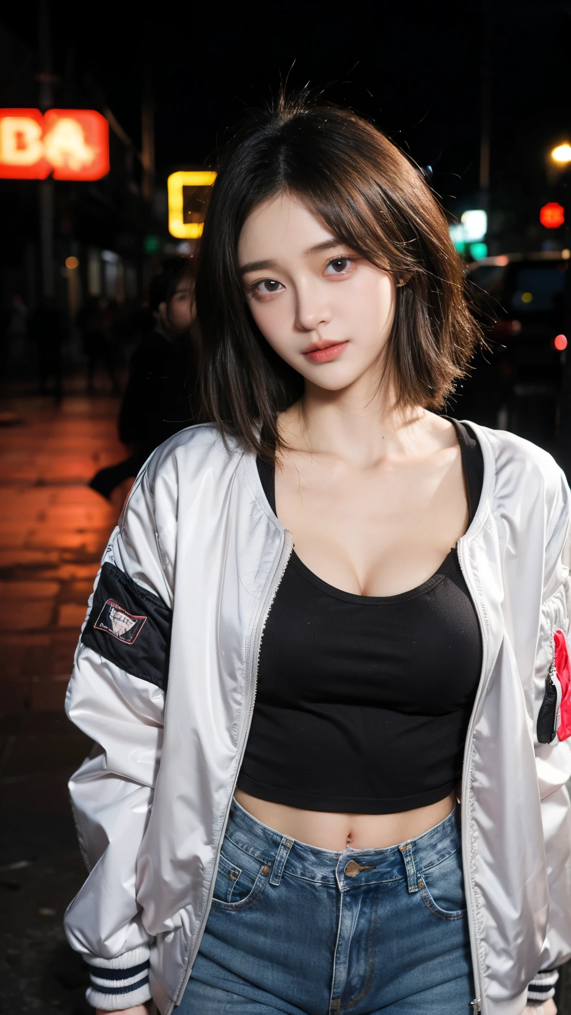 masterpiece, best quality, ultra-realistic, cute young woman, Korean idol, heart-shaped face, large almond eyes, silky black hair, small rosy lips, playful smile, (natural big breast:1.1), (cleavage), (wearing a er jacket:1.3), graphic t-shirt, and distressed jeans, standing under neon lights, nighttime urban background, vibrant colors, soft shadows, 35mm lens, close-up shot, street style, edgy fashion, vibrant lighting effects