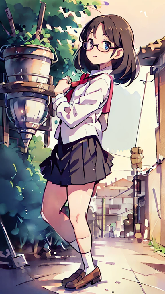 a beautiful detailed schoolgirl with short brown hair and red-framed glasses, wearing a white blouse and navy skirt, her white panties visible, navy socks and brown loafers, in a state of arousal and trembling with sexual climax, simple illustration style, in a nichijou (everyday life) setting, (best quality,4k,hdr,masterpiece:1.2),ultra-detailed,(realistic,photorealistic,photo-realistic:1.37),extremely detailed eyes and face,longeyelashes,vivid colors