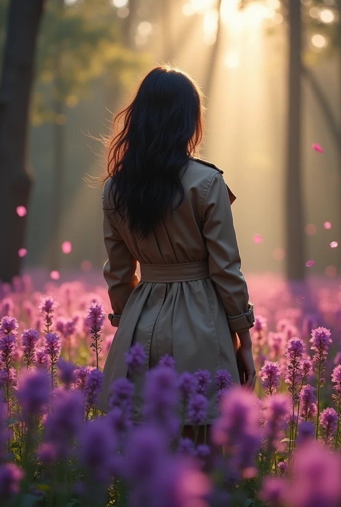 she is only wearing a trench coat that that she pushed to the side. revealing her naked ass, (back:1.2) facing the camera,dynamic (volumetric:0.9) lighting, (godrays:0.8), best quality, masterpiece, highres, ultra-detailed, girl (wide:1.2) hips. black (messy:1.2) hair .The light is coming from above her. she is in an open clearing in the forest with thousands of purple and pink (colorful:1.2) flowers, flower petals (floating:1.1) in the (hazy:1.2) air. 