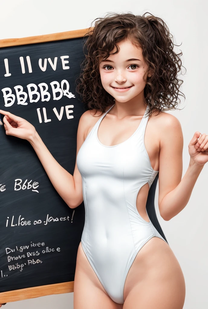  girl with wavy medium hair, swimsuit, holding a white board with text "I Love BBQ" and showing it to the viewer
