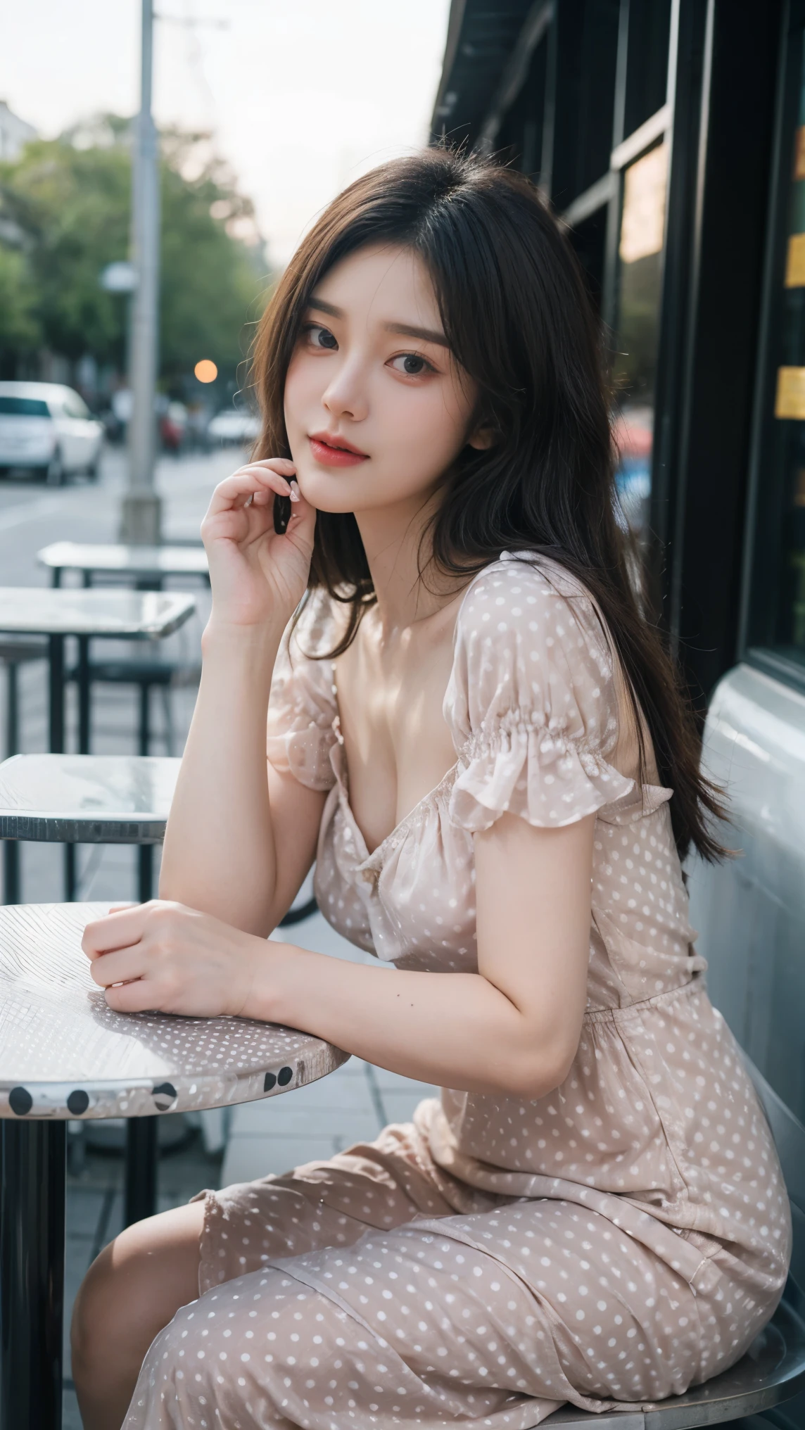 masterpiece, best quality, ultra-realistic, cute young woman, Korean idol, heart-shaped face, large almond eyes, silky black hair styled in loose waves, small rosy lips, slight smile,( wearing vintage polka dot dress:1.3), sitting at an outdoor café table, (holding a cup of coffee:0.5), retro café background with warm lighting, detailed facial features, soft shadows, 85mm lens, fashion photography, nostalgic vibe