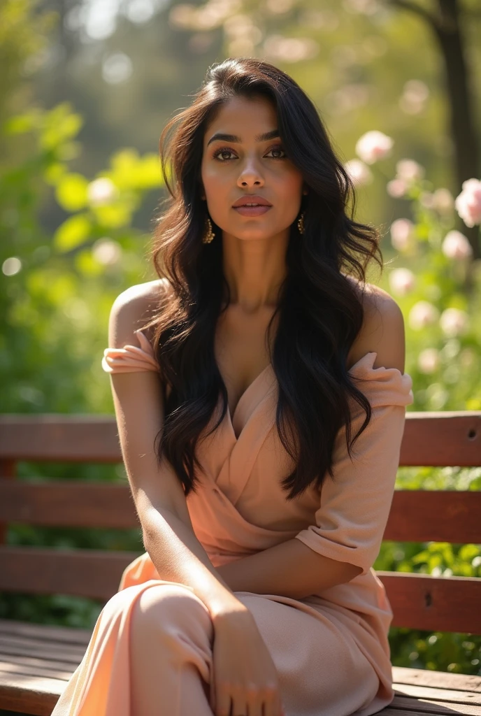 An ultra-realistic captured with a Sony α7 III camera, equipped with an 85mm lens at F 1.2 aperture setting, portraying an indian actress shriya saran sitting on a wooden bench in a sunlit park. The background is beautifully blurred, highlighting the subject. The park is adorned with lush greenery and blooming flowers, creating a serene atmosphere. Soft sunlight gracefully illuminates the subject’s face and hair, casting a dreamlike glow. The image, shot in high resolution and a 16:9 aspect ratio, captures the subject’s natural beauty and personality with stunning realism –ar 16:9 –v 5.2 –style raw