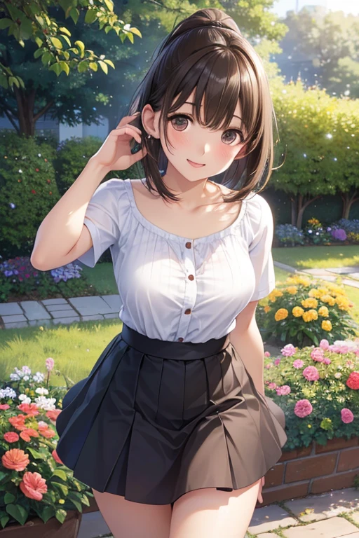 anegasaki nene、Shiny brown hair, short hair, (Beautiful brown eyes、Sparkling eyes, Fine grain)、smile、Ultra-detailed eyes、Very detailed顔, Very detailed目,Cowboy Shot、
Girl In The Garden,Feel the summer sunshine,Ponytail and mini skirt,Standing with legs apart,Leaning forward,Put both hands on a fire hydrant. (Highest quality,4K,8k,High resolution,masterpiece:1.2),Very detailed,(Realistic,photoRealistic,photo-Realistic:1.37),figure,Beautiful attention to detail,Beautiful lip detail,Very detailed目と顔,Long eyelashes, Bright expression, Vibrant colors,Soft sunlight,Open-chested clothing