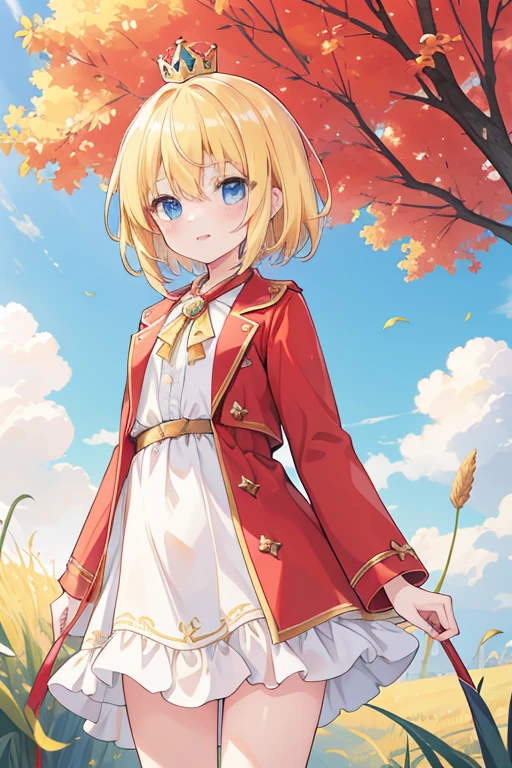 Girl1,Little Princess,guardian tales game,golden hair,blue eyes,cowboy shoot,short hair,hair between the eyes,red coat,Yellow shirt,crown,Background Tree Sky Grass,