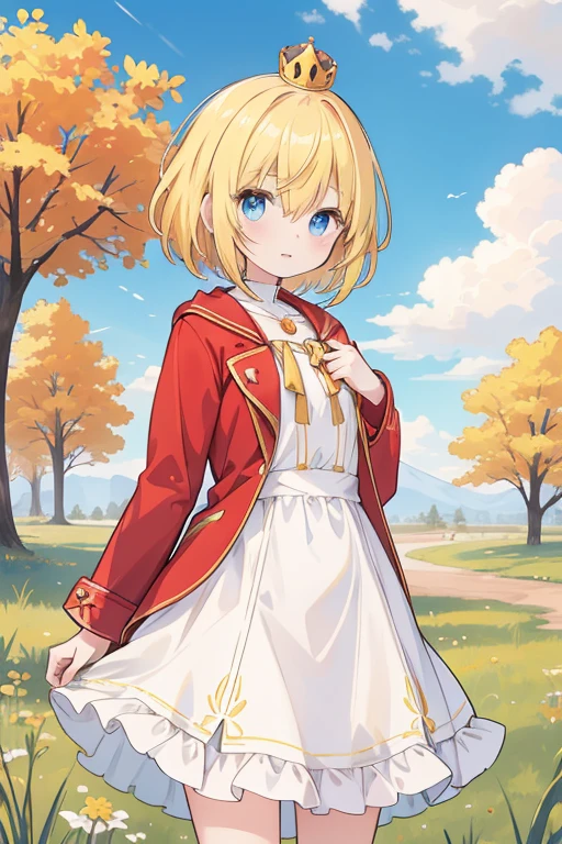 Girl1, Princess,guardian tales game,golden hair,blue eyes,cowboy shoot,short hair,hair between the eyes,red coat,Yellow shirt,crown,Background Tree Sky Grass,