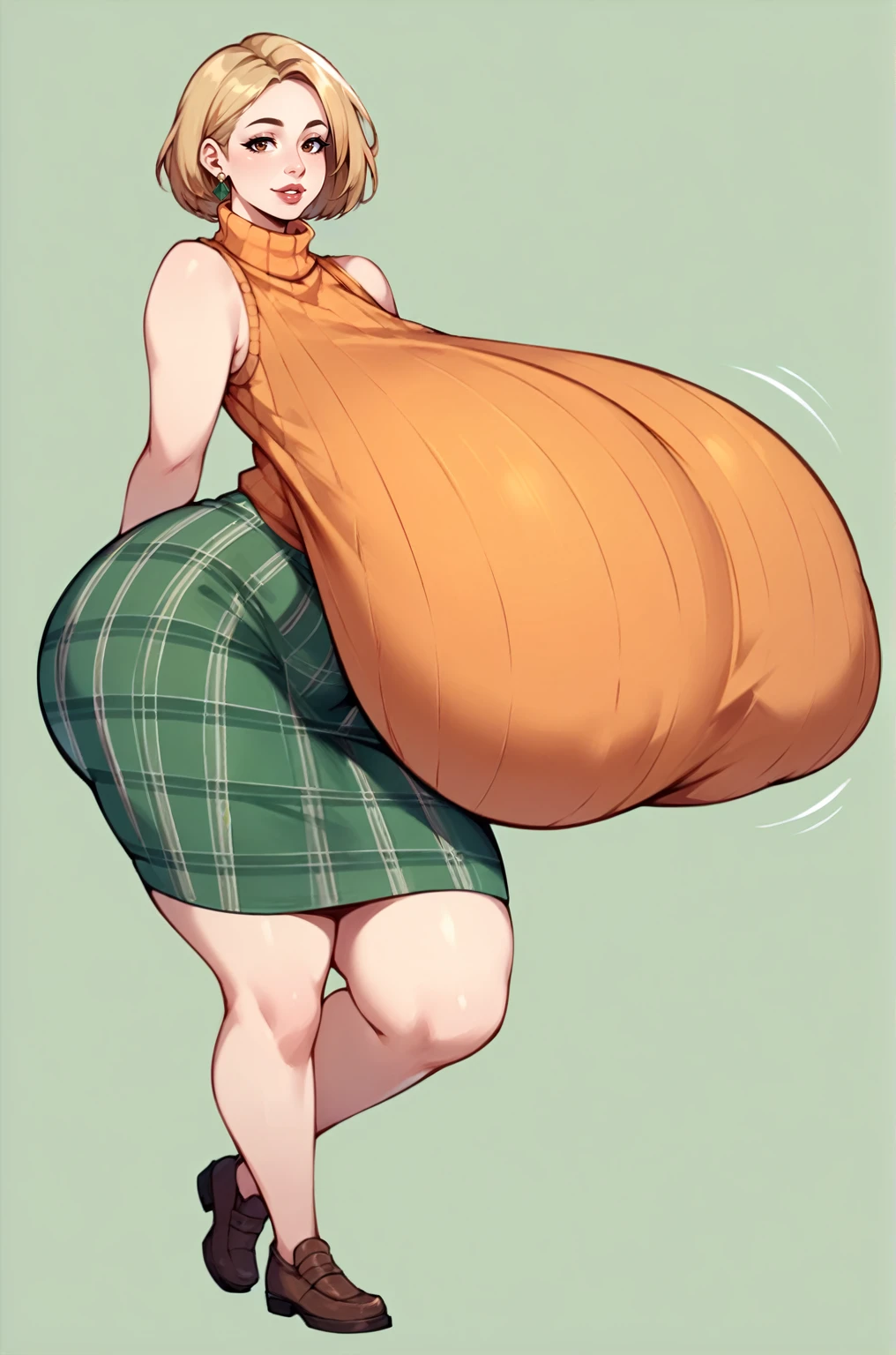 score_9, score_8_up, score_7_up, score_6_up, score_5_up, score_4_up, solo, thicc Ashely Graham from resident evil 4, ((mature mom)), short blonde hair, brown eyes, ((orange sleeveless turtleneck sweater with a burgundy sweater around her neck)), green plaid skirt, big thick full lips, ((pouted lips)), ((squinting eyes)), ((full body)), ((NSFW)), sexy, seductive, alluring, cute smile, joyful, (((fetish: breasts expansion))), (((gigantic breasts))), sagging breasts, big nipples, wide hips, thick thighs, huge ass