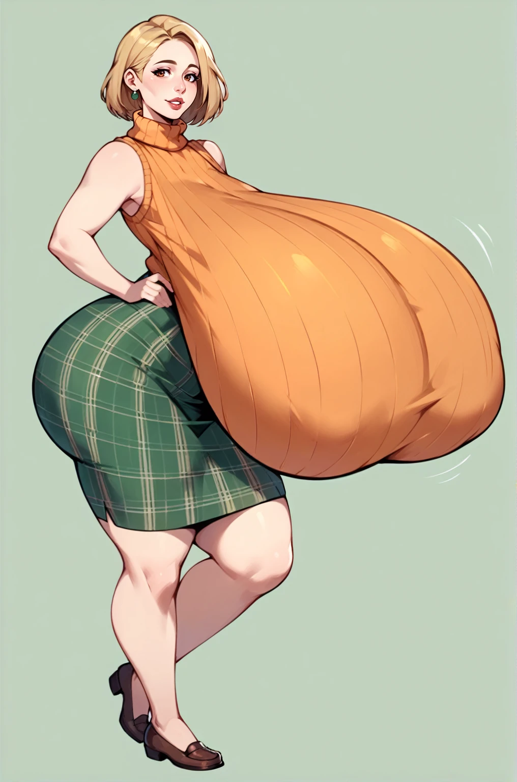 score_9, score_8_up, score_7_up, score_6_up, score_5_up, score_4_up, solo, thicc Ashely Graham from resident evil 4, ((mature mom)), short blonde hair, brown eyes, ((orange sleeveless turtleneck sweater with a burgundy sweater around her neck)), green plaid skirt, big thick full lips, ((pouted lips)), ((squinting eyes)), ((full body)), ((NSFW)), sexy, seductive, alluring, cute smile, joyful, (((fetish: breasts expansion))), (((gigantic breasts))), sagging breasts, big nipples, wide hips, thick thighs, huge ass