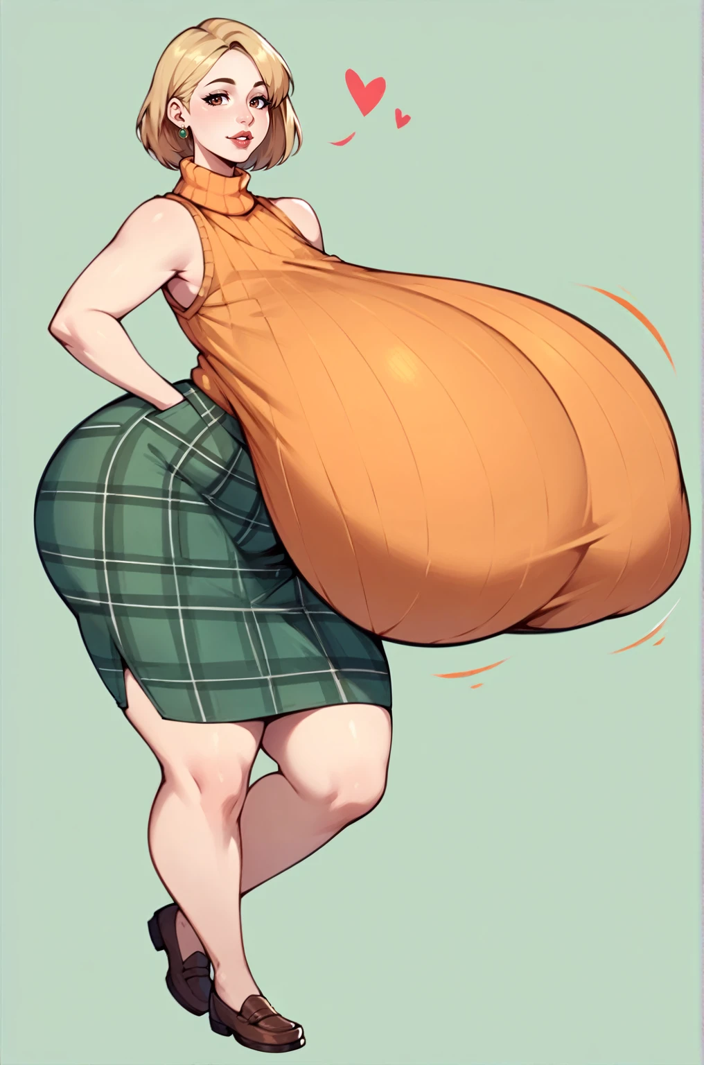 score_9, score_8_up, score_7_up, score_6_up, score_5_up, score_4_up, solo, thicc Ashely Graham from resident evil 4, ((mature mom)), short blonde hair, brown eyes, ((orange sleeveless turtleneck sweater with a burgundy sweater around her neck)), green plaid skirt, big thick full lips, ((pouted lips)), ((squinting eyes)), ((full body)), ((NSFW)), sexy, seductive, alluring, cute smile, joyful, (((fetish: breasts expansion))), (((gigantic breasts))), sagging breasts, big nipples, wide hips, thick thighs, huge ass