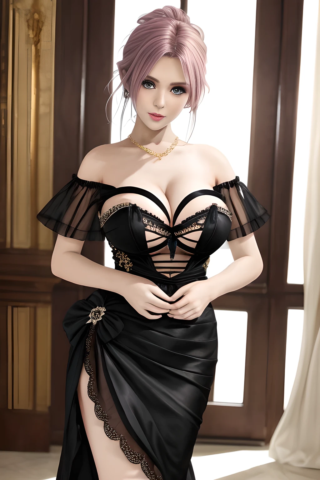 1girl is wearing an elegant black strapless dress. The perspective-dress is beautifully designed with ruching on the bodice and a cascading ruffled asymmetrical hem, adding a playful and chic touch to the outfit. The person is standing upright, with one hand gently touching their leg and the other hand relaxed by their side. The background is plain and neutral, drawing attention to the dress itself. The lighting is soft, highlighting the details of the dress and creating a fashionable and stylish atmosphere,, huge breasts, elise