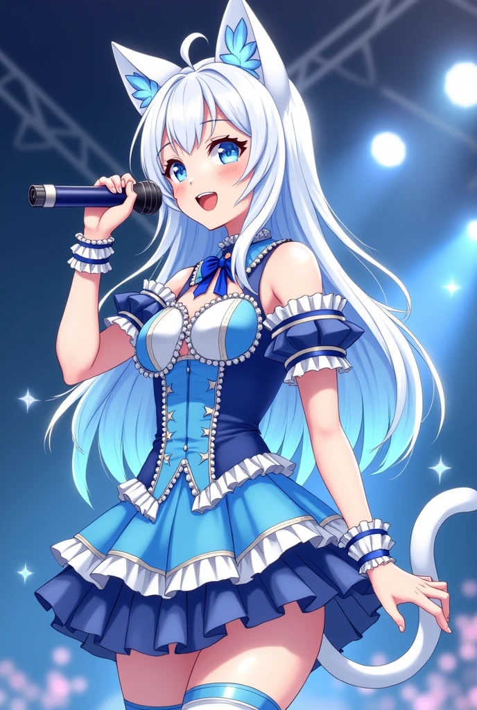 a drawing of a magical girl with anime aesthetics who is an idol with long white hair and cat ears and tail, wearing a short skirt and with a microphone in her hand singing, The dress is very striking and colorful in blue and white tones, with white ears and tail, and the hair has soft light blue highlights, In the background there are lights and sparkles as if I were at a concert
