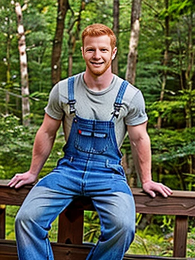 forest, (moss hanging from trees), sitting on the porch of ramshackle wooden cabin, slightly smiling, ginger hair, wearing gray shirt, (blue denim overalls), barefoot, ((full body portrait)), wide angle,