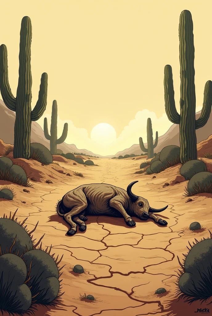 Cactus in drought with a dead ox 
