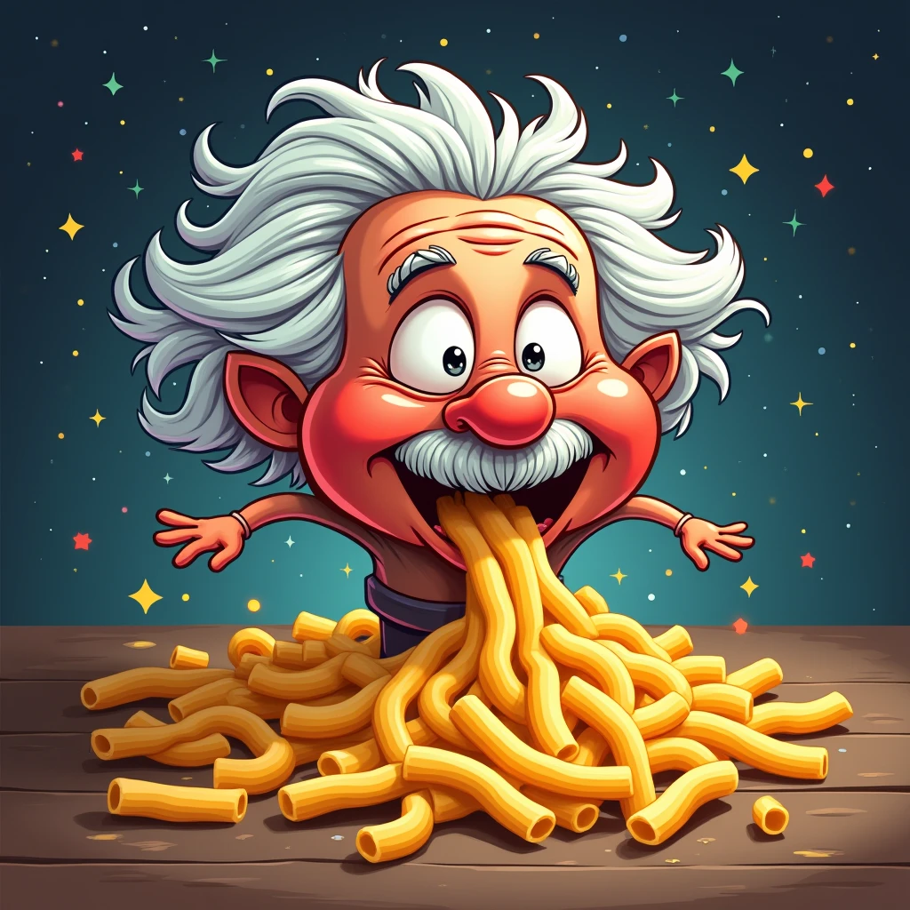 deformed cartoon style, Einstein, tomato, cheese, macaroni pasta, emerging from the infinity symbol, background galaxy