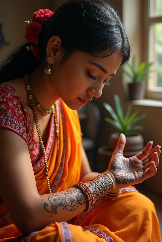 Traditional indian lady doing mahendi on hand