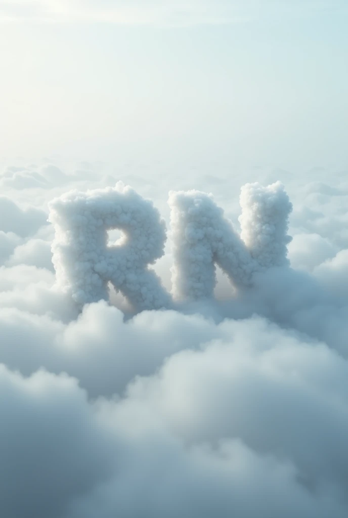 "In the center of the image, large initials 'RN' are formed from fluffy, white clouds. The letters have a soft, ethereal quality, blending seamlessly into the surrounding environment. The entire scene is enveloped in thick, swirling fog, creating a mysterious and dreamlike atmosphere. The fog gently wraps around the cloud letters, enhancing the surreal feeling of the image. The overall color palette is muted with shades of white, gray, and light blue, adding to the tranquil and misty ambiance."