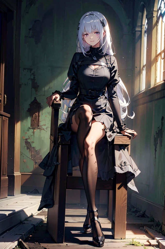 Highly detailed wallpaper, Extremely detailed, Detailed Shadows, Very accurate and detailed, Highly detailed 8K wallpapers, Very nice 8K CG wallpaper,Old abandoned church. Sitting Girl. Her black dress was torn々It's dirty. Her white dull hair is long and hairy. Light is shining through cracked stained glass windows.