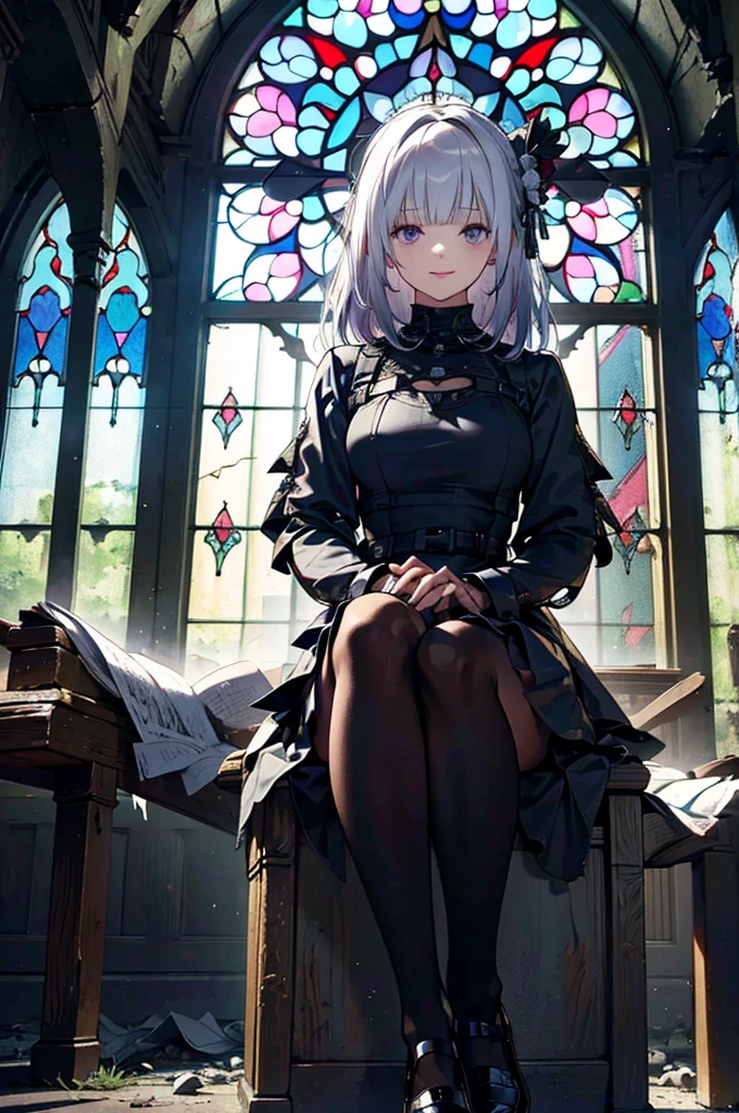 Highly detailed wallpaper, Extremely detailed, Detailed Shadows, Very accurate and detailed, Highly detailed 8K wallpapers, Very nice 8K CG wallpaper,Old abandoned church. Sitting Girl. Her black dress was torn々It's dirty. Her white dull hair is long and hairy. Light is shining through cracked stained glass windows.