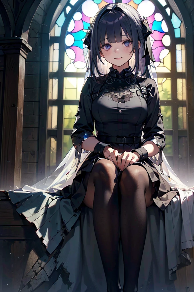 Highly detailed wallpaper, Extremely detailed, Detailed Shadows, Very accurate and detailed, Highly detailed 8K wallpapers, Very nice 8K CG wallpaper,Old abandoned church. Sitting Girl. Her black dress was torn々It's dirty. Her white dull hair is long and hairy. Light is shining through cracked stained glass windows.