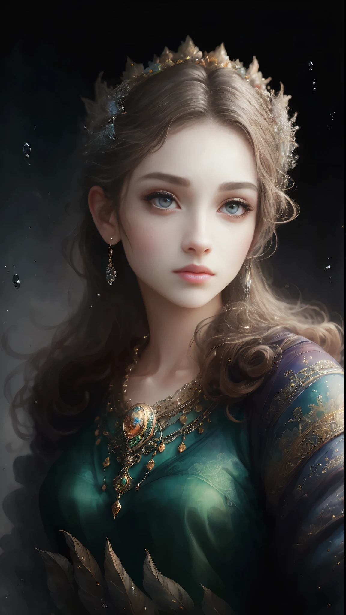 (Best quality, 4K, 8K, A high resolution, Masterpiece:1.2), Ultra-detailed, Realistic portrait, Beautifully detailed eyes, beautiful detailed lips, Detailed expression, Graceful posture, subtly lit, Dreamy atmosphere, Dark-toned background, expressive brush strokes, mystical ambiance, Artistic interpretation, Stunning Studio Ghibli style costumes, a whimsical illustration, Subtle colors and tones, mystical aura,