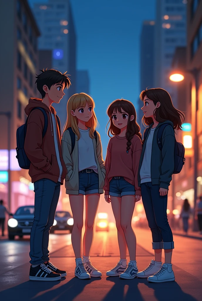 2 boy with 2 girl night standing in city road 