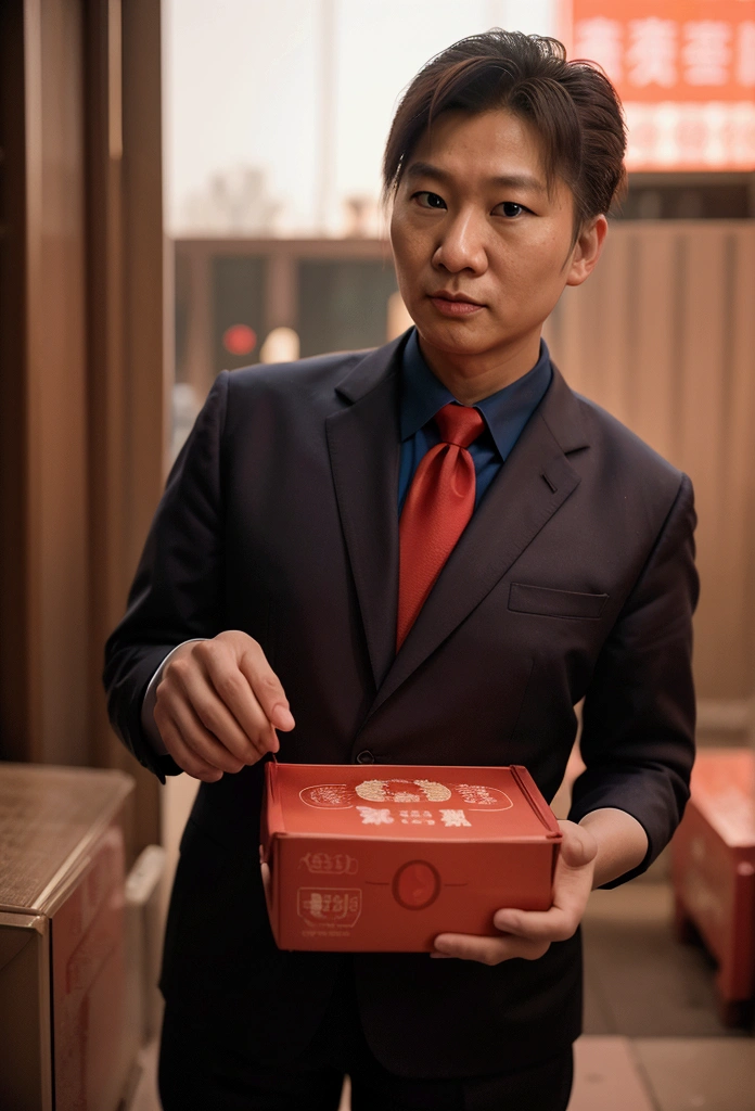 Portrait of US President Trump, In Beijing hutongs，Food delivery，Extremely detailed face, Low light, Perfect lighting, Nostalgia, ISO100, cinestill 800T, polarizing filter, Bright and bold colors, High-quality photos, Still frame from a movie