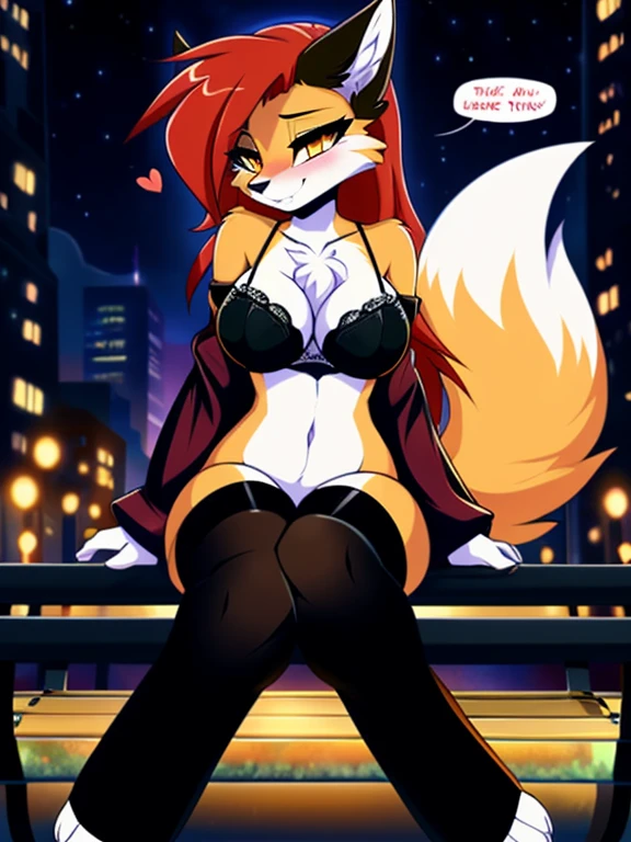 by fluff-kevlar, by ouka, by Kilinah, (((woman, breasts, antrum, extremely detailed, extremely detailed legs, extremely detailed arms, extremely detailed face, perfectly detailed eyes, perfectly detailed anatomy))): 1.2, beautiful and detailed portrait of an anthropomorphic vixen ((female))), anthro, female, red fox, high definition, good anatomy, orange fur, orange body, highly detailed face, deep yellow iris, yellow eyes, red hair, long hair, speech bubble, heart, hearts, dark lighting, moody lighting, night, sexy body, slanky body, sexy face, nice, hot, cute, paws, showing feet, presenting paws, sitting on bench, outdoors, in a park, blushing, friendly smile, smile, friendly, elegant, dark, mysterious, alluring, beautiful, thigh highs, detached sleeves, bra, underwear