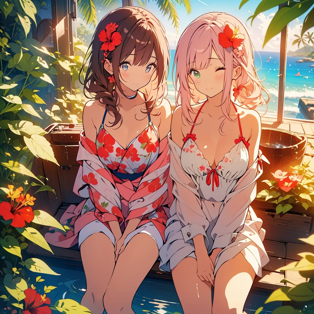 hibiscus、A woman with long light pink hair and a swimsuit is sitting and sleeping、A girl with long dark brown hair and green eyes gives a present、Beach、celebration、Butterflies fluttering、hibiscusの花びらが舞う、Daytime、Sea background、Detailed facial expressions、smile、whole body、Highlight on eyes