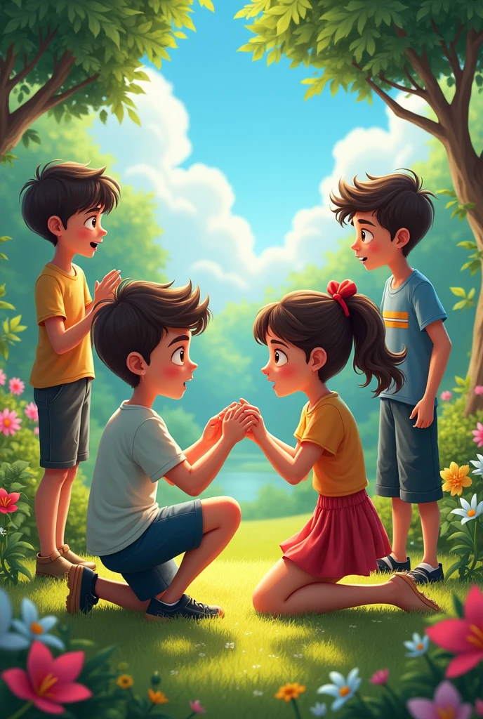 A picture where a boy is proposing to a girl and another boy who loves her standing behind her telling her not to accept his proposal and write next to her, their teacher is standing. And garden is also there