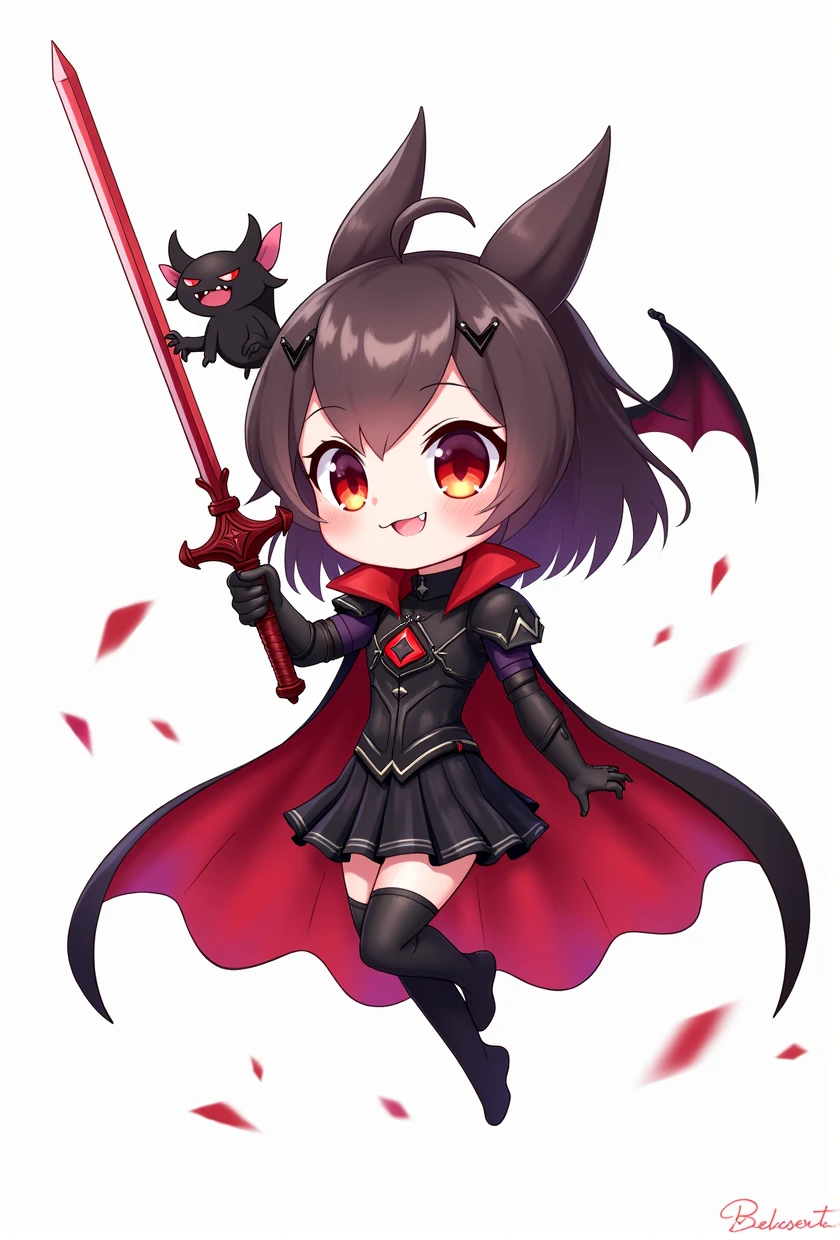 chibi style, 2D, anime, vampire girl rising sword, vampire fangs, red cloak, black light armor, bat as a pet, (simple white background)