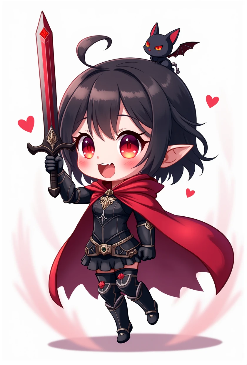 chibi style, 2D, anime, vampire girl rising sword, vampire fangs, red cloak, black light armor, bat as a pet, (simple white background)