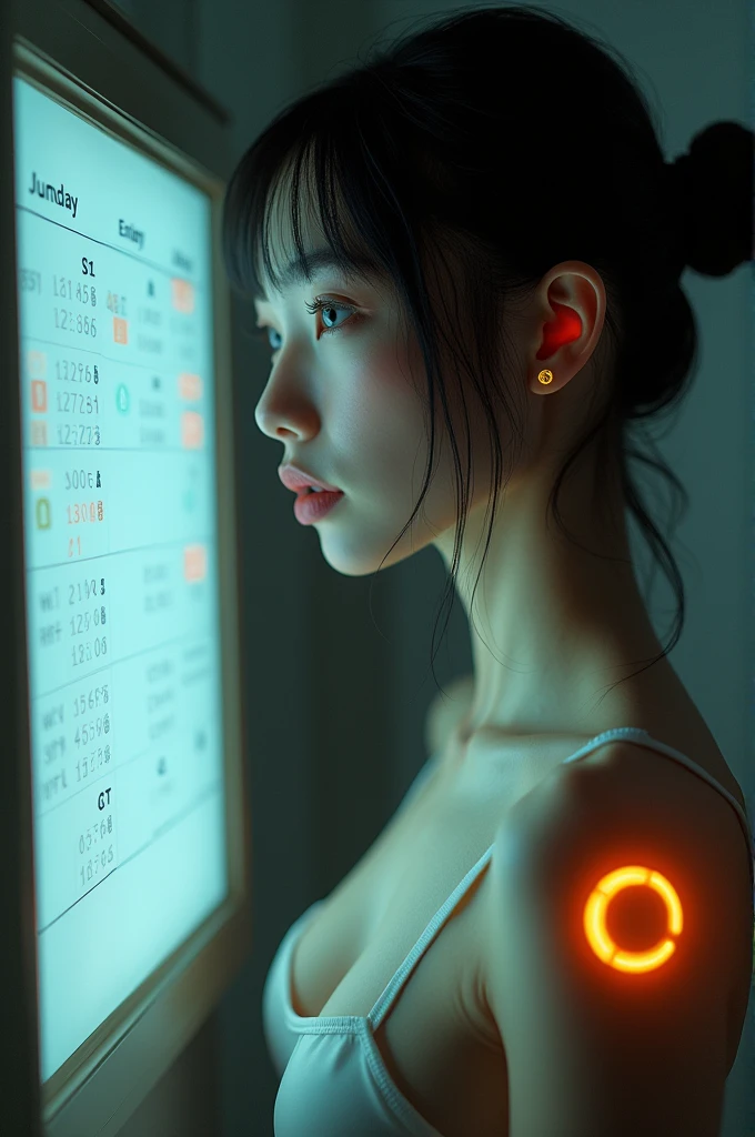 Young woman android sex worker, leaning forward, looking into a mirror that displays her daily calendar, amber LED power button embedded in her shoulder