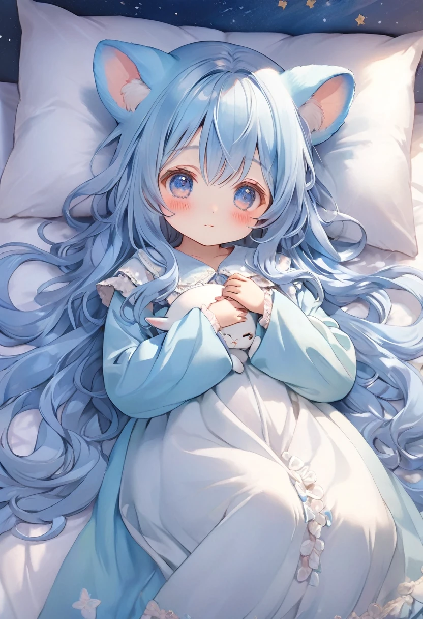 solo,, masterpiece, best quality, extremely detailed, (illustration, official art:1.1), 1 girl ,(((( light blue long hair)))), ,(((( light blue long hair)))),light blue hair, , long hair ((blush)) , cute face, big eyes,One girl, fluffy、Loose、A heartwarming world、masterpiece, Highest quality,Super detailed, One girl, From above,Little,,Sleep,,Animal costumes,Sleeping on the bed、pastel colour、cute、