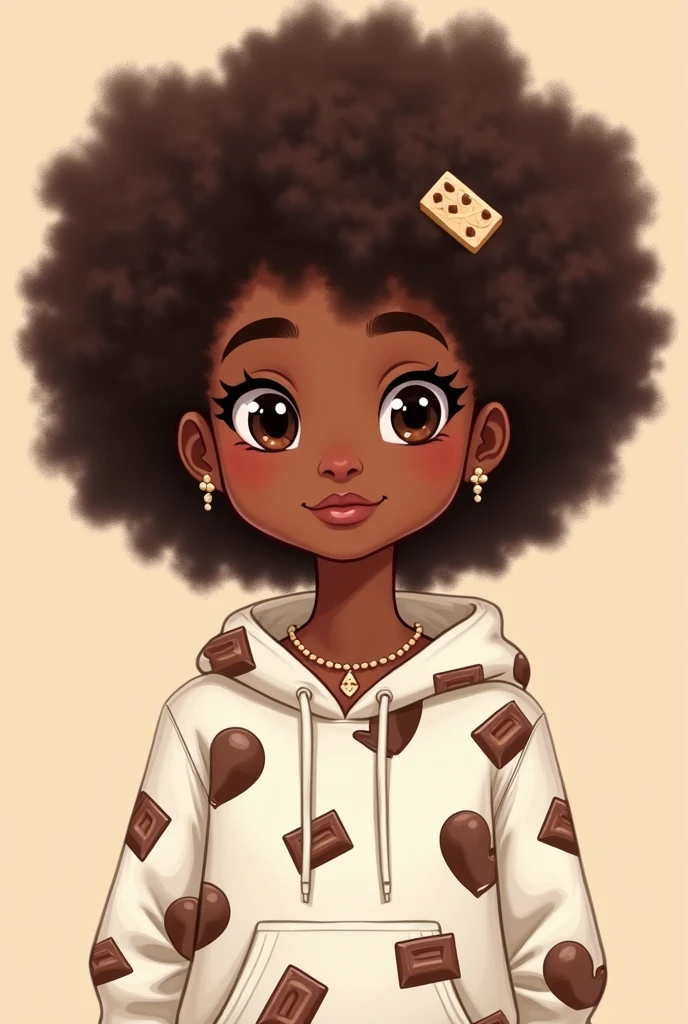 illustration of a cute profile picture avatar with a blank expression, with curly chocolate Afro hair, brown skin, white hoodie with chocolate prints and cute chocolate themed hair-clips, earrings, necklace 