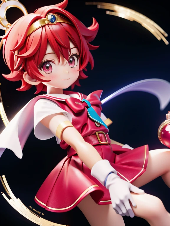 Magical giel、Primary school students、Young girl、、height: 130cm、Short Hair、Shortcuts、boyish、Circlet、Character portrait、spats、ホットpants、pants、Magical Girl Costume、Red clothes、Red Hair、Red eyes、Magic wand、Fighting gloves on hands