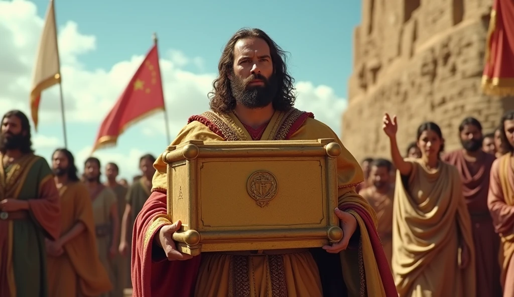 Create a realistic cinematic scene that depicts King David in a solemn and majestic moment as he brings the Ark of the Covenant into the city of Jerusalem. His face, a box of 1,25 m long by 0,75 m high and wide, must be presented with intricate details, including its golden surface and the two rods also covered in gold, that are fitted on the sides. David must be dressed in royal robes, adorned and colorful, reflecting his status as king of Israel.
Ao fundo, visualize a crowd of people, including men, women and children, who come together to witness this historic moment, some holding palms and others singing in celebration. The atmosphere should be vibrant and emotional, with flags waving and a clear blue sky in the background. The focus should be on the expression of reverence and joy on David's face., that holds the Ark firmly, as it advances towards the city, symbolizing the union between God and his people.