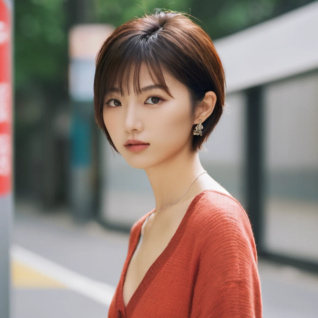 (8k, RAW photo, best quality, masterpiece:1.2), (realistic, photo-realistic:1.4), (extremely detailed 8k wallpaper), 20 years old Japanese woman in Shibuya.short hair, upper body