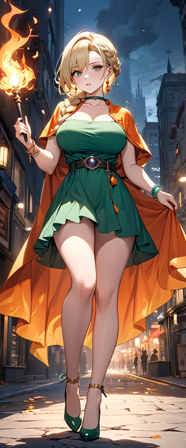 (8k, masterpiece, Highest quality, High resolution, Ultra-fine illustrations:1.2), (Beautiful attention to detail:1.2), One girl, alone, city, Outdoor, DQ Bianca, Single Blade, Earrings, choker, Orange Cape, Green Dress, belt, bracelet, Large Breasts, Contrasting , full body, braid, Waving a magic wand, Conjuring magical flames