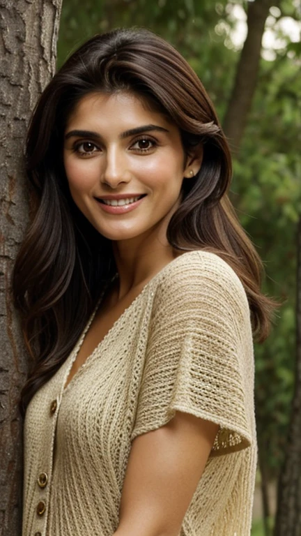Caterina Murino wearing clothes made of branches and smiling