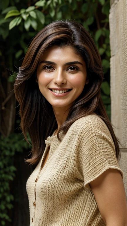 Caterina Murino wearing clothes made of branches and smiling