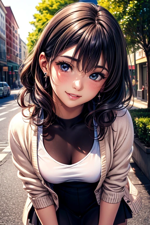 #Basics A girl is posing for a photo, (((One Girl))), (((Baby Face:1.4)) + ((cute:1.4)) + ((15 years old))),
break
#Clothing Accessories
((Red Long Flared Skirt)) + ((Black camisole)) + ((Cream sheer cardigan:1.4)) + (Black Pantyhose) + (Blue sneakers),
(red gem earrings), (Silver Necklace),
break
#Features
((Black Hair:1.2)) + ((Oblique bangs + Very long side bangs)) + ((Medium Hair : Short Hair + Wavy Hair + Hair curled outside)),
((Droopy eyes:1.4, Big eyes:1.2), blue eyes), (Small breasts:1.2), (Neutral facial features),
break
#background environment
((noon, Sunlit sidewalk in downtown + street tree)),
#Facial Expression Pose
(smile, blush), (model posing),
#composition
(Face the camera), ((Character Focus), (Angle from the front), (Cowboy Shot)),
break
#Body parts elements
(Slim figure),
(Symmetrical facial features),
(Detailed Hair, Beautiful Hair, Shiny Hair),
(double eyelid, Long eyelashes, Thin eyebrows:0.5, Thin eyebrows:0.5),
(Expression of fine eyes, Beautiful and delicate eyes, Sparkling eyes, Eye Reflexes, Glitter Eyeliner),
(Human Ear),
(Beautiful Nose, Thin Nose),
(Glossy Lips, Beautiful Lips, Thick lips),
(Detailed skin, Textured skin, Beautiful Skin, Oily skin),
break
#Quality Image Quality Common
(((Highest quality)), ((masterpiece:1.3)), ((Very detailed))), ((Ultra-high resolution)), ((16K, 1080P)), ((Full HD)),
(Anatomically correct), (Realistic), (3DCG), (Oil painting),
((comics, anime)), (CG illustration), (RAW Photos),