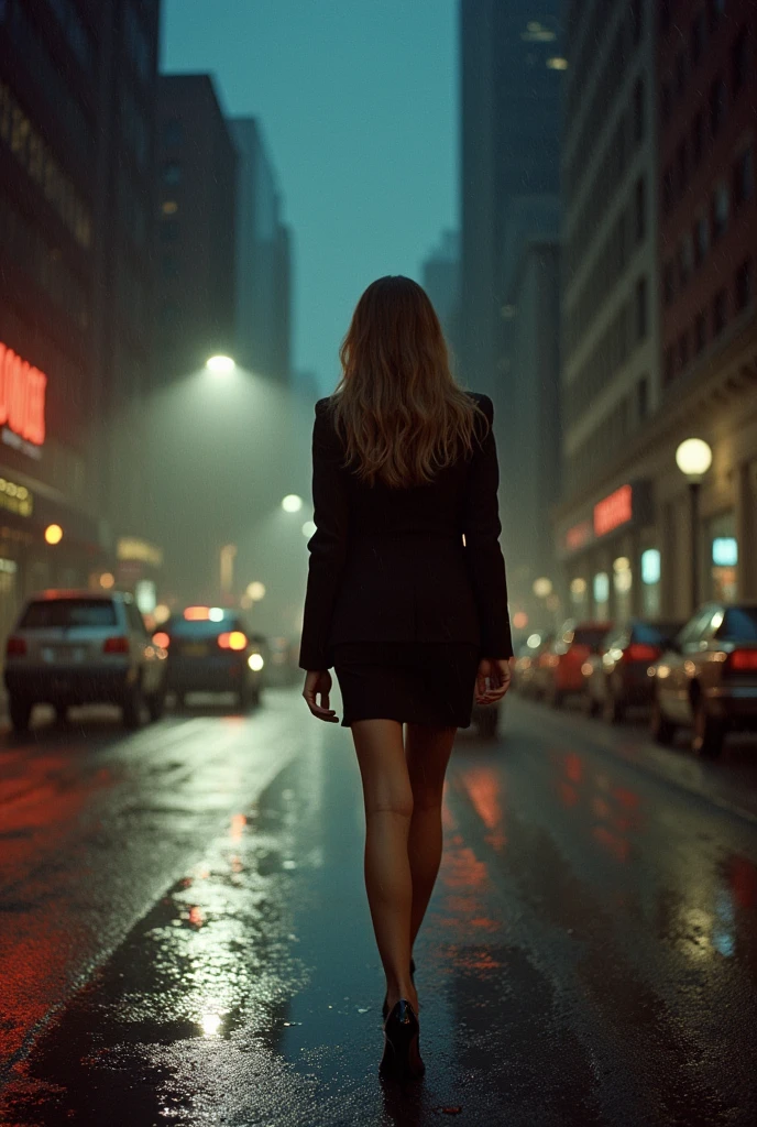 Portrait of a professional woman in the 1970s, Rainy Night,New York Office Building,full-body shot,High heel,Street light,Extremely detailed face, Low light, Perfect lighting, Nostalgia, ISO100, cinestill 800T, polarizing filter, Bright and bold colors, High-quality photos, Still frame from a movie