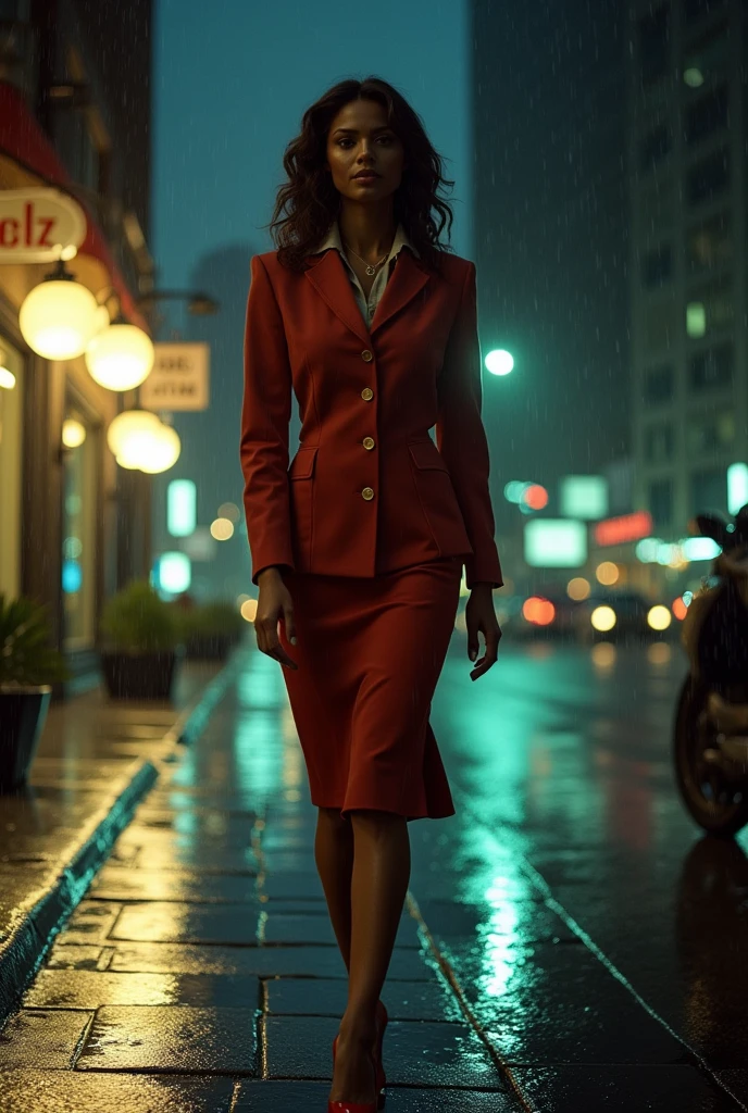 Portrait of a professional woman in the 1970s, Rainy Night,New York Office Building,full-body shot,High heel,Street light,Extremely detailed face, Low light, Perfect lighting, Nostalgia, ISO100, cinestill 800T, polarizing filter, Bright and bold colors, High-quality photos, Still frame from a movie