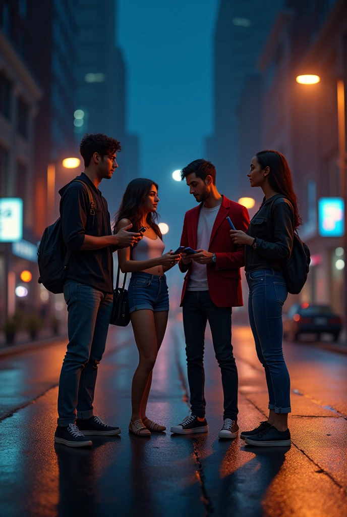 2 man with 2 girl night standing in city road