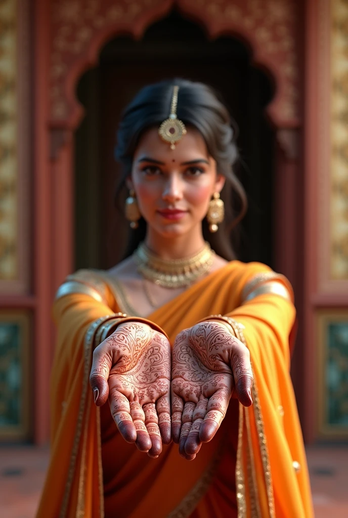 Traditional indian lady with mahendi on hand
