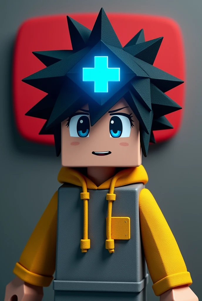 Create minecraft logo with black hair and gray and yello jacket into youtube logo have a blue eye crown