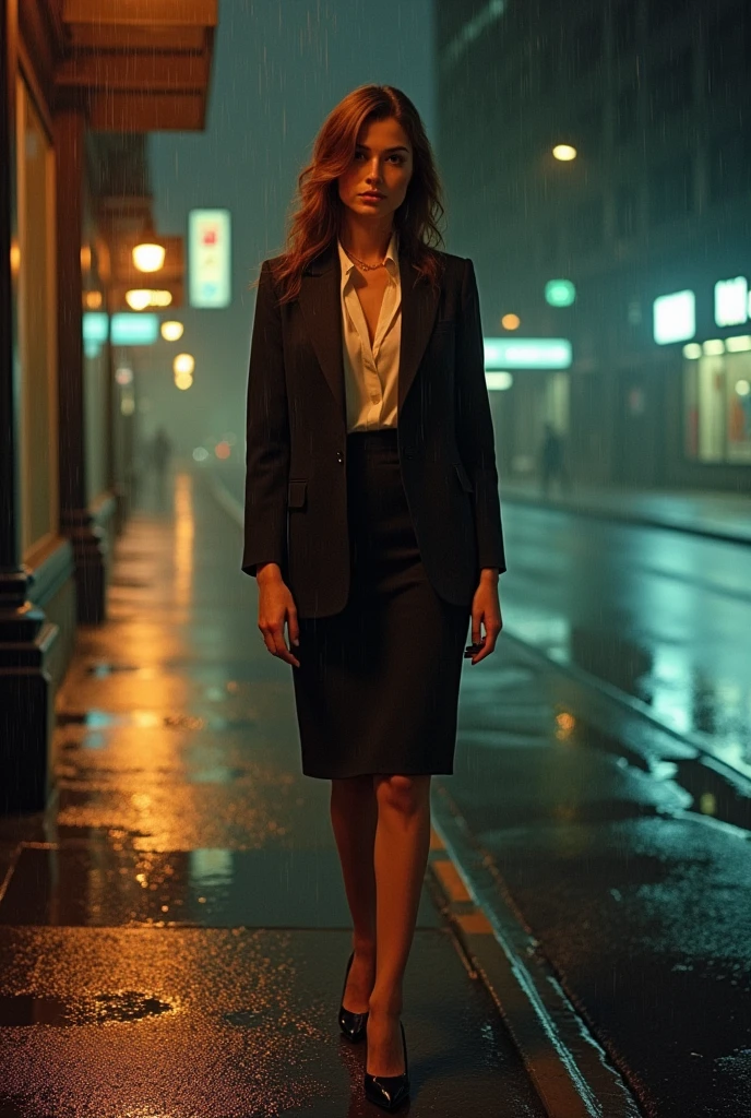 Portrait of a professional woman in the 1970s, Rainy Night，New York Office Building，full-body shot，High heel，Street light，Extremely detailed face, Low light, Perfect lighting, Nostalgia, ISO100, cinestill 800T, polarizing filter, Bright and bold colors, High-quality photos, Still frame from a movie