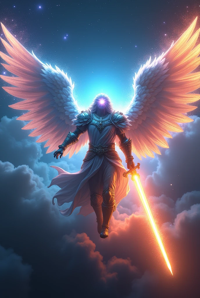 cosmic angel, representation of St. Michael, the Archangel, sword in hand, defensive position, glowing light eyes, mighty, very bright colors, light particles, with bright light, clouds behind,  Wallpaper Art, UHD Wallpaper
