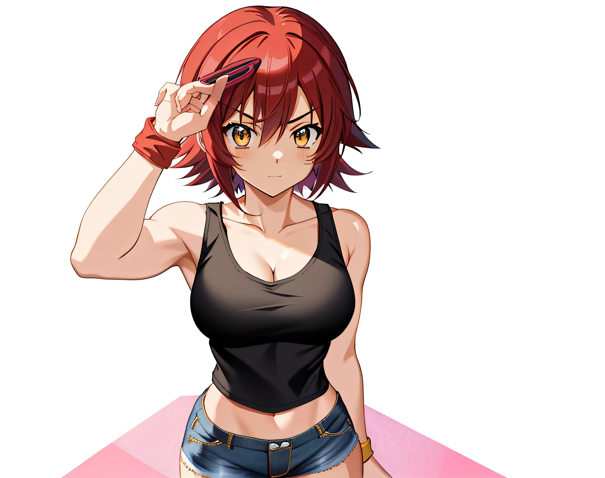 足を組んで床に座っているレッドの髪のAnime Girls, Anime Girls, Anime Styleキャラクター, clothing:Black Tank Top, Girl wearing denim shorts, Anime Styleで, Big Breasts, girl with big breasts, Anime Style, Anime Style, Muscular Woman, Knight of the Zodiac Girl, with short red hair standing on end,, In anime style, Feminine and muscular, Skin tight tank top, Bare Arms, Bare shoulders,